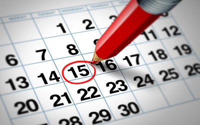 An image of a monthly calendar with the 15th date circled in red